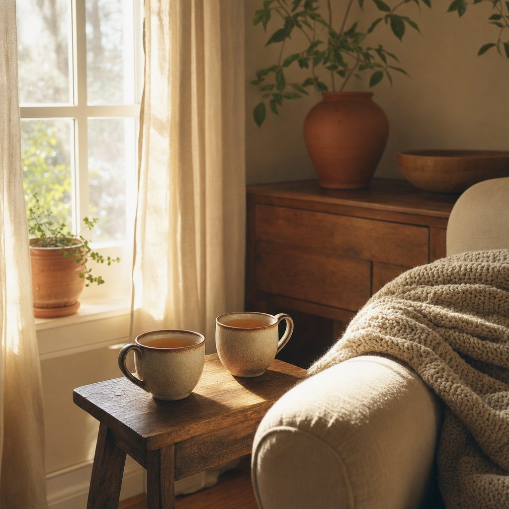 Two ceramic mugs of tea on a wooden side table in warm afternoon light, with a knitted blanket nearby